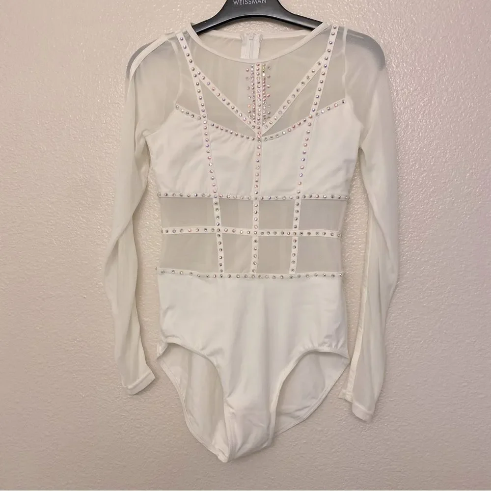 WEISSMAN Elite Dance Costume solo white caged mesh leotard Intention MT10574 LC
